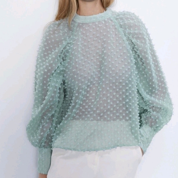 Zara Tops - ZARA Mint Green Swiss Dot High Neck Puff Sleeve Blouse Size XS Top